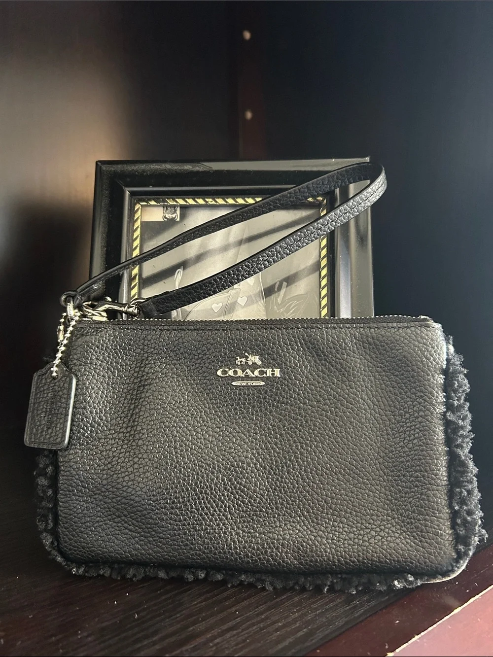 Coach Black Pebbled Leather Wristlet with Shearling Edge